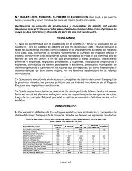 Sarapiquí De La Provincia Heredia, Para El Período Comprendido Entre El Primero De Mayo De Dos Mil Veinte Y El Treinta De Abril De Dos Mil Veinticuatro