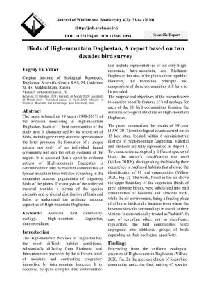 Birds of High-Mountain Daghestan, a Report Based on Two Decades Bird Survey