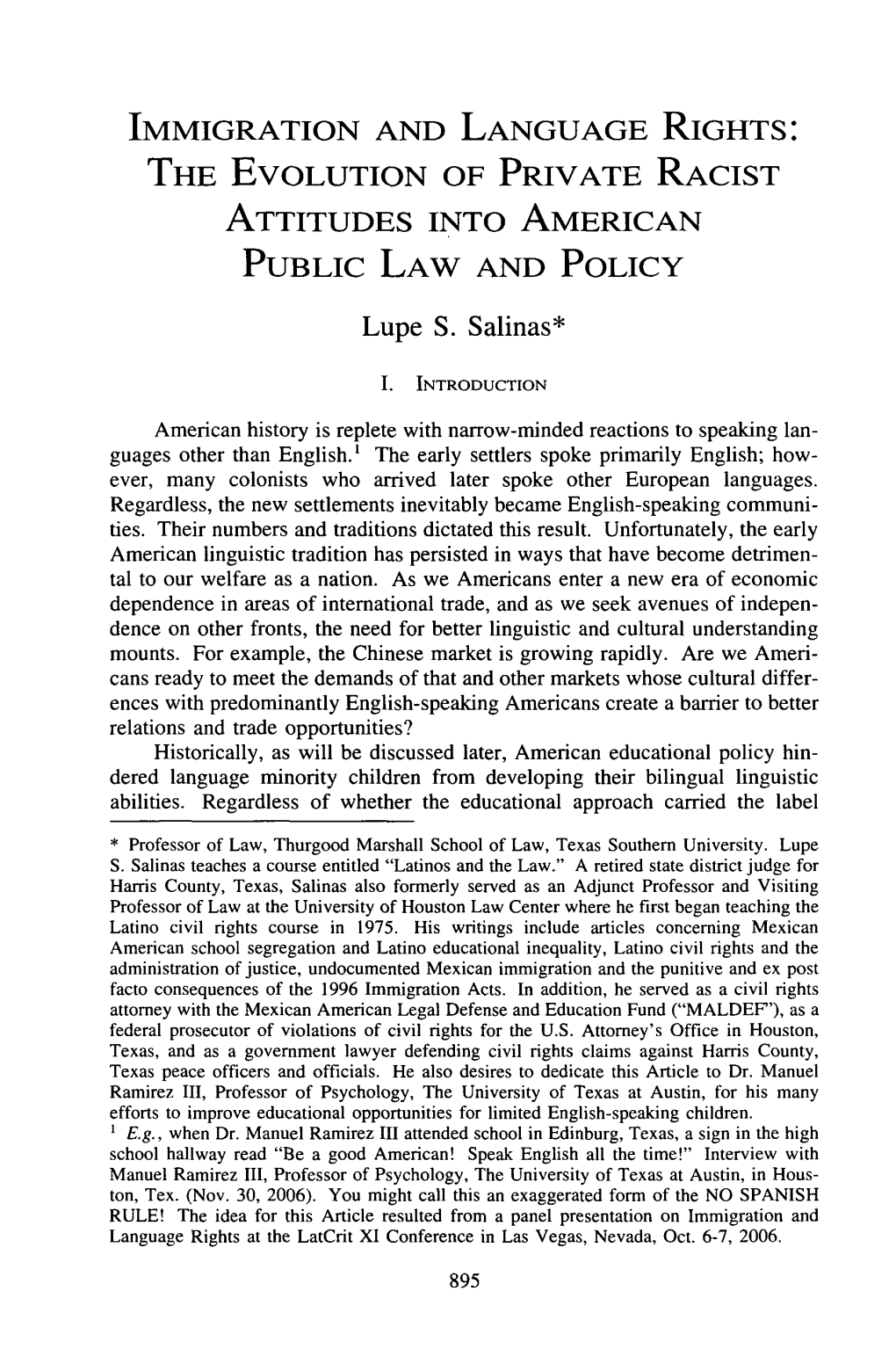 Immigration and Language Rights: the Evolution of Private Racist Attitudes Into American Public Law and Policy