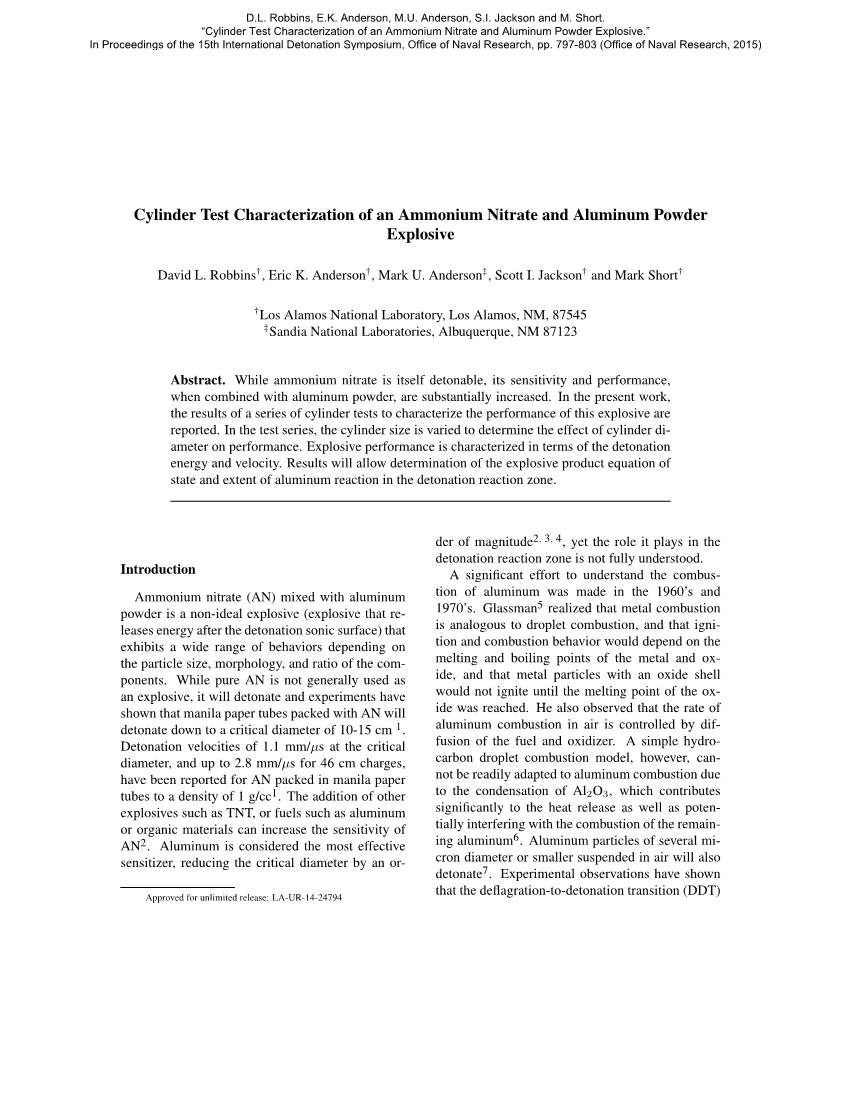 Cylinder Test Characterization of an Ammonium Nitrate and Aluminum Powder Explosive