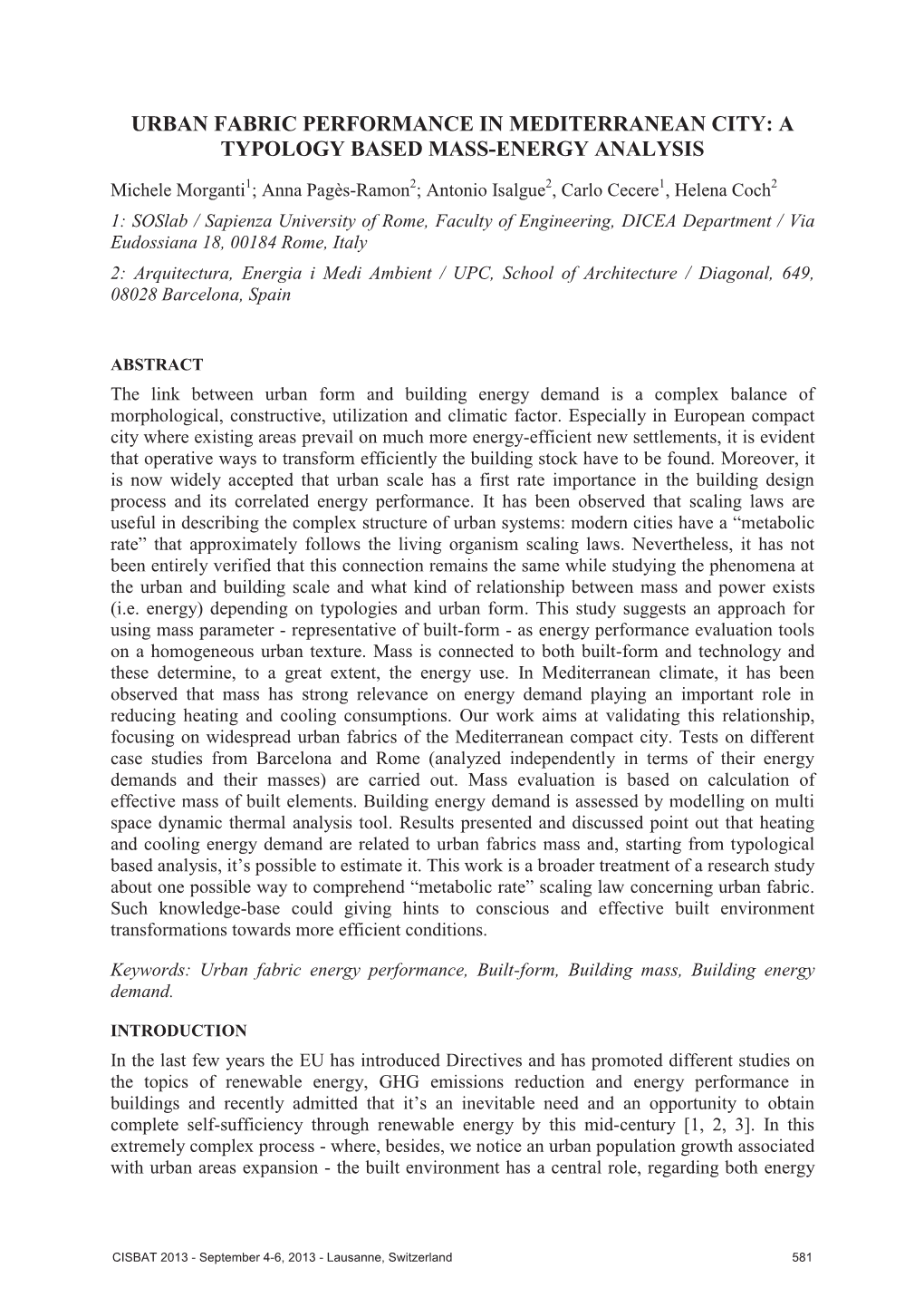 Urban Fabric Performance in Mediterranean City: a Typology Based Mass-Energy Analysis