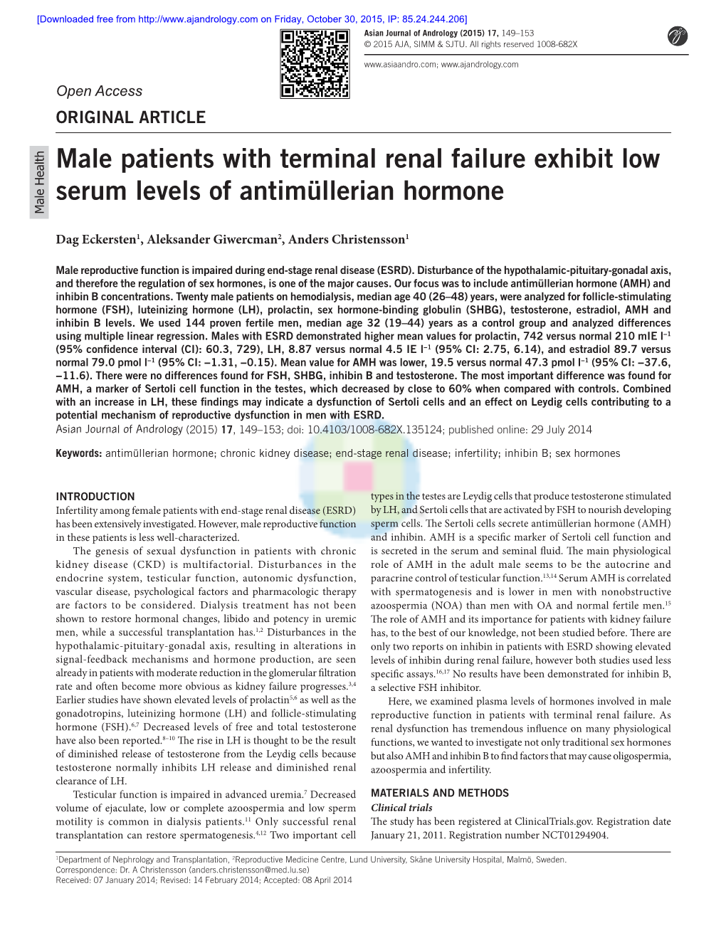 Male Patients with Terminal Renal Failure Exhibit Low Serum Levels of Antimüllerian Hormone Male Healthmale