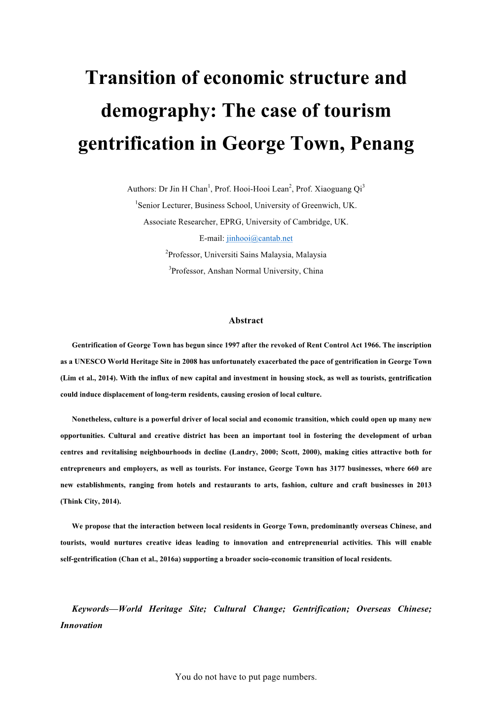 The Case of Tourism Gentrification in George Town, Penang