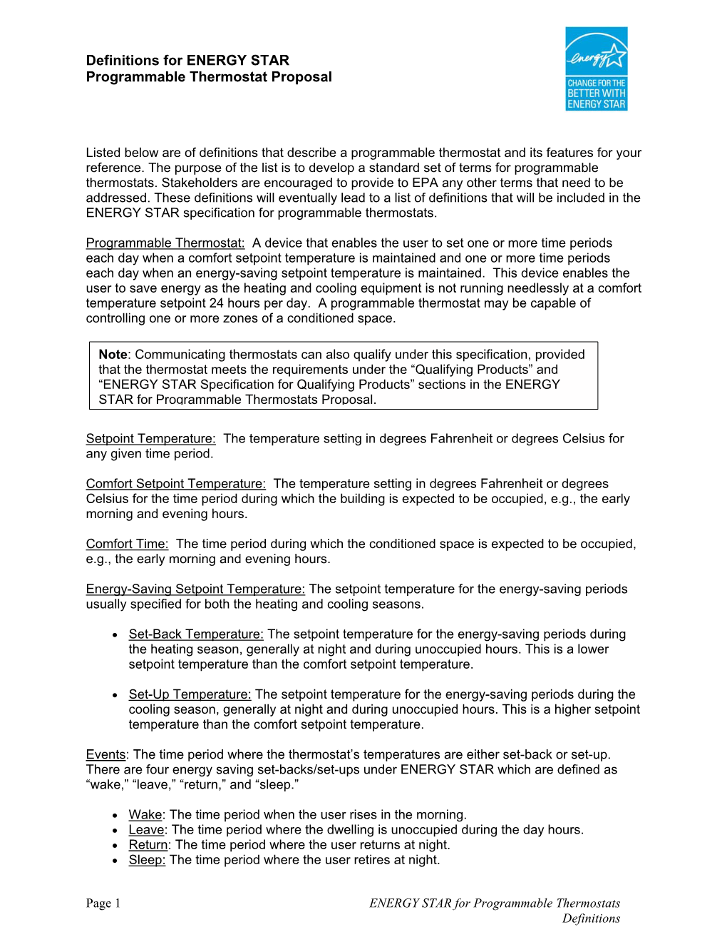 Definitions for ENERGY STAR Programmable Thermostat Proposal