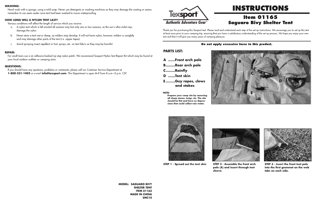 INSTRUCTIONS Item 01165 Saguaro Bivy Shelter Tent