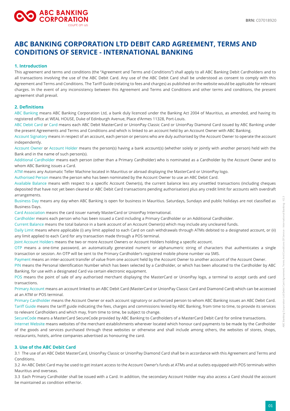 Abc Banking Corporation Ltd Debit Card Agreement, Terms and Conditions of Service - International Banking