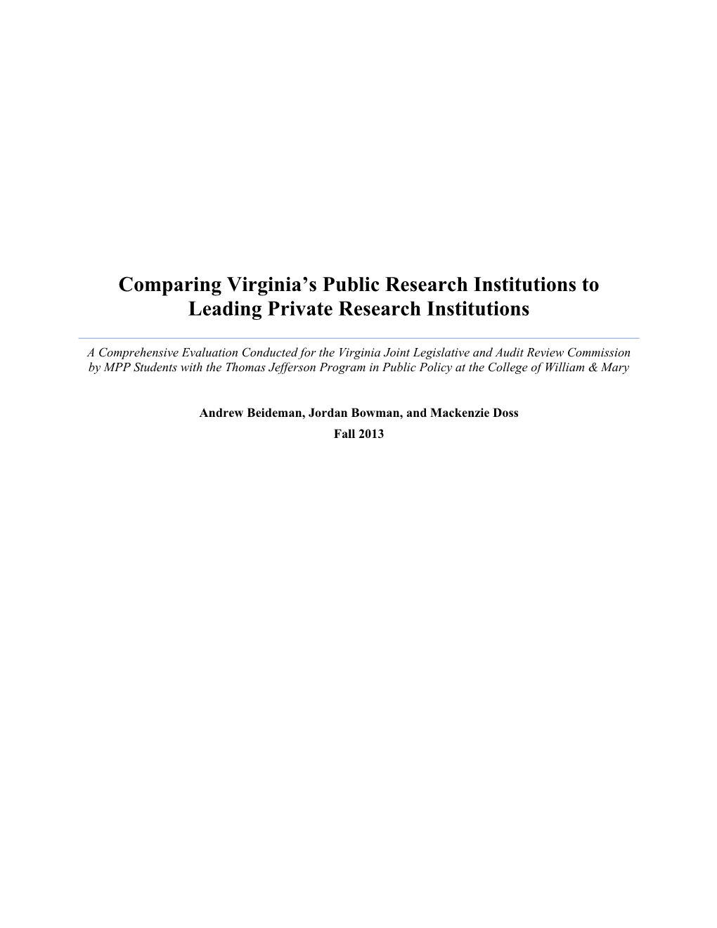 Comparing Virginia's Public Research Institutions to Leading Private Research Institutions