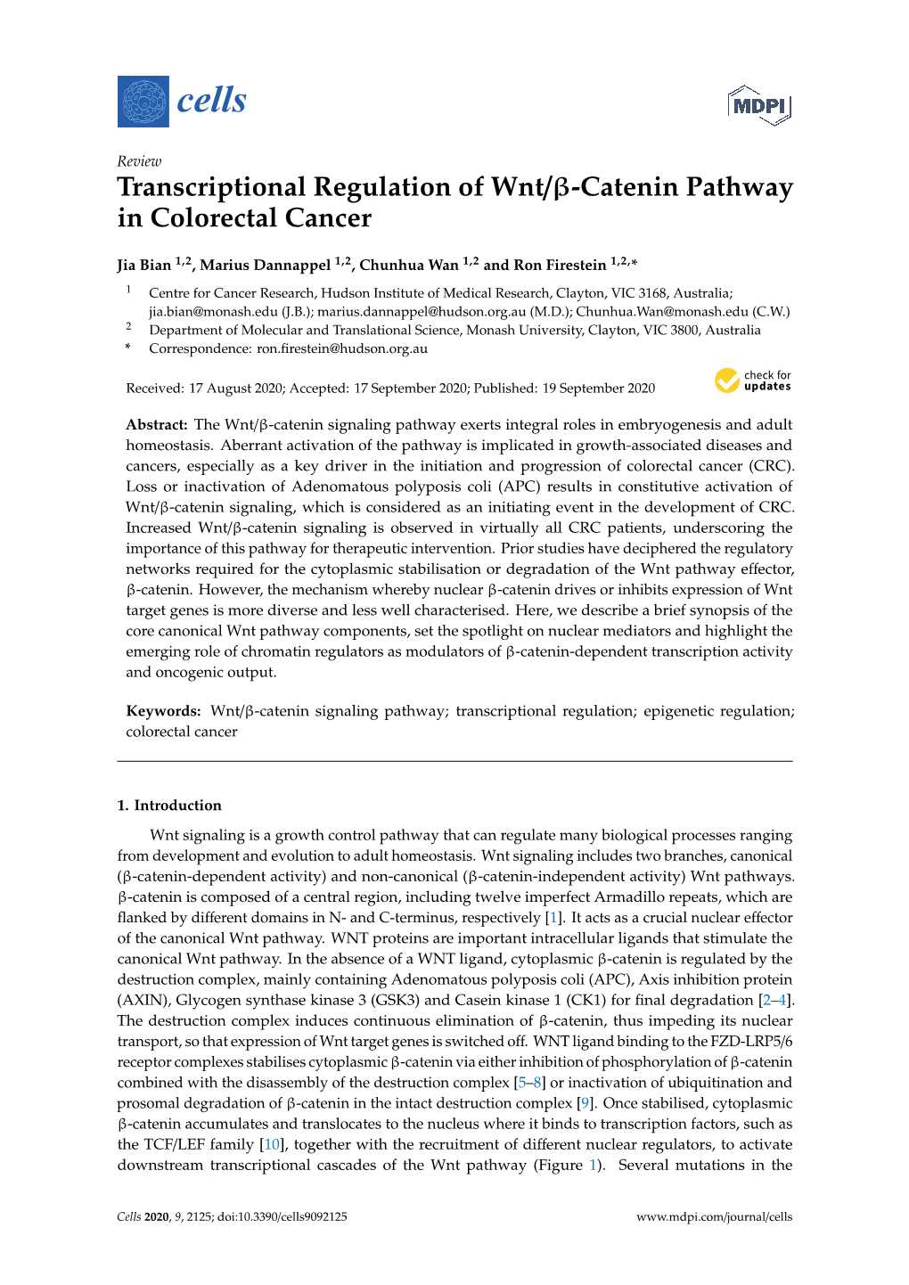 Transcriptional Regulation of Wnt/Β-Catenin Pathway in Colorectal Cancer
