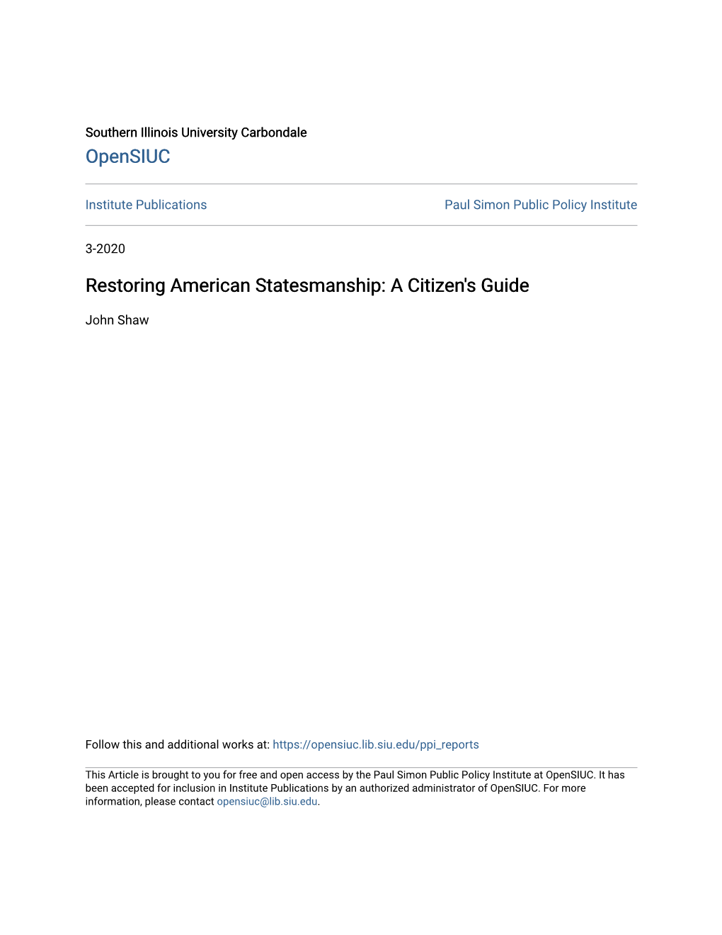 Restoring American Statesmanship: a Citizen's Guide