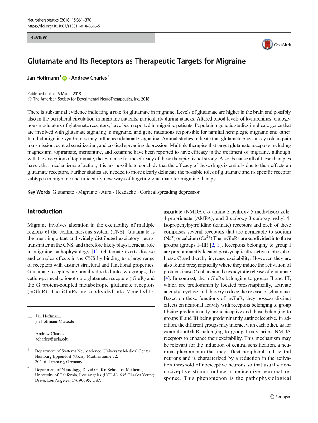 Glutamate and Its Receptors As Therapeutic Targets for Migraine