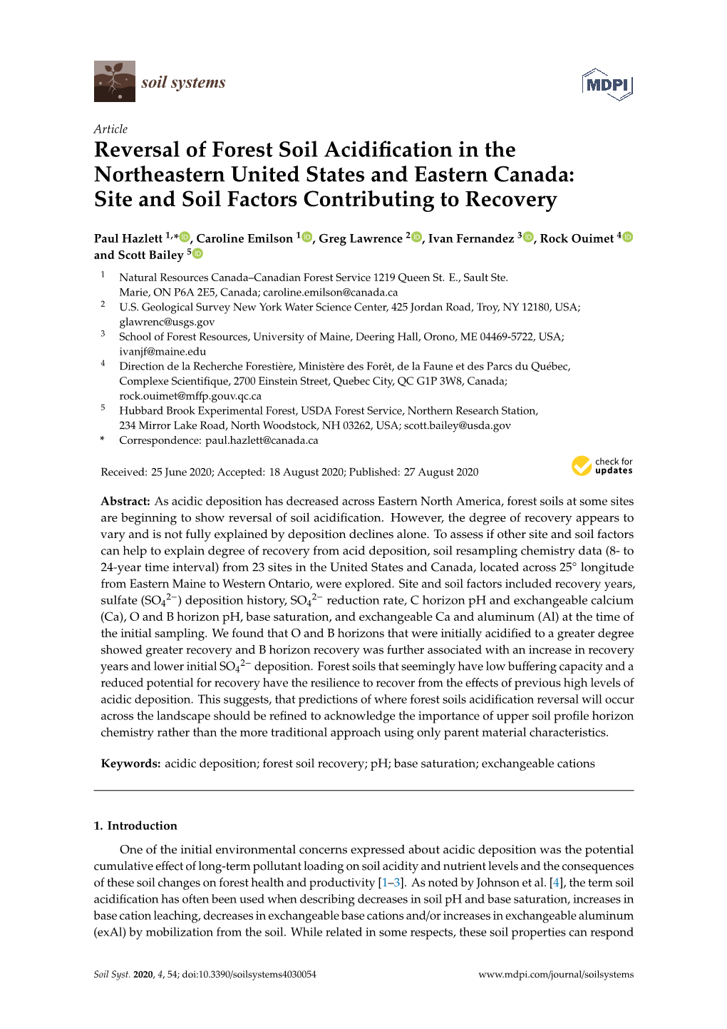 Reversal of Forest Soil Acidification in the Northeastern United States and Eastern Canada