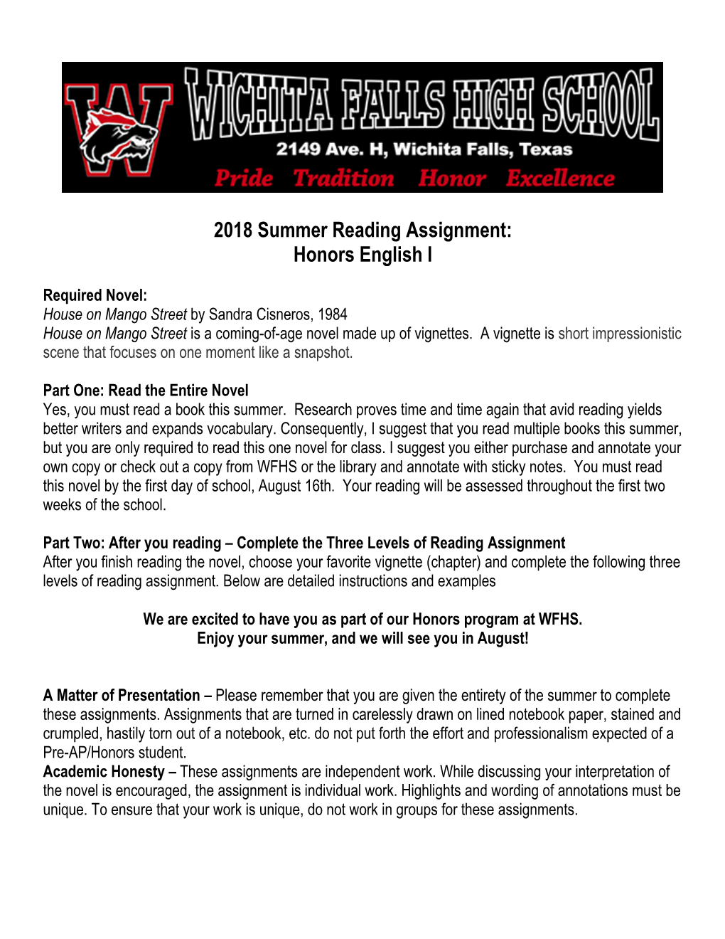 2018 Summer Reading Assignment: Honors English I