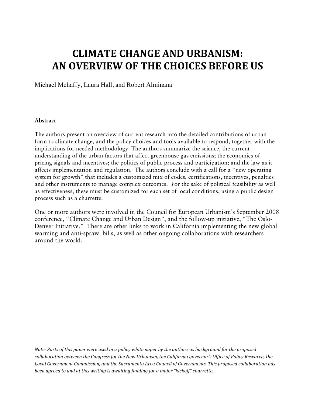 Climate Change and Urbanism: an Overview of the Choices Before Us