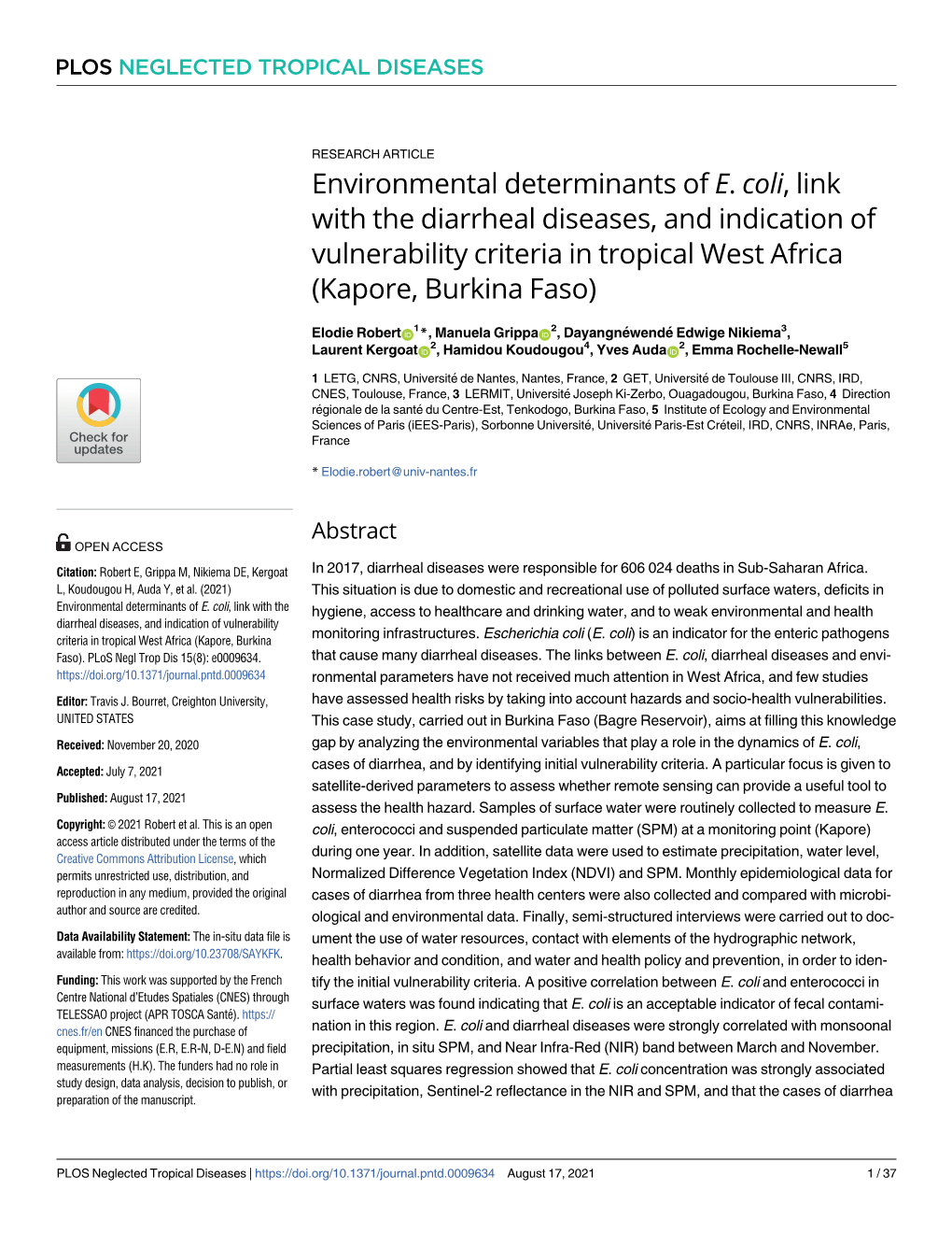 Environmental Determinants of E. Coli, Link with the Diarrheal Diseases, and Indication of Vulnerability Criteria in Tropical West Africa (Kapore, Burkina Faso)