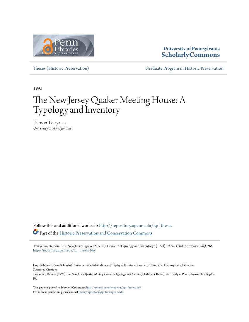 The New Jersey Quaker Meeting House: a Typology and Inventory