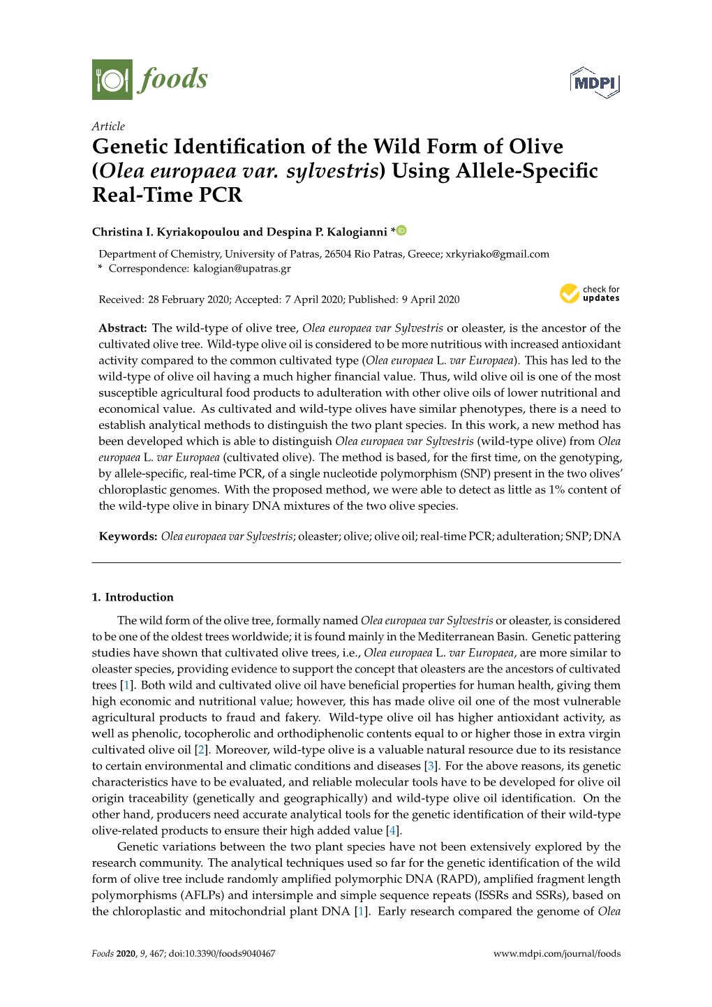 Olea Europaea Var. Sylvestris) Using Allele-Speciﬁc Real-Time PCR