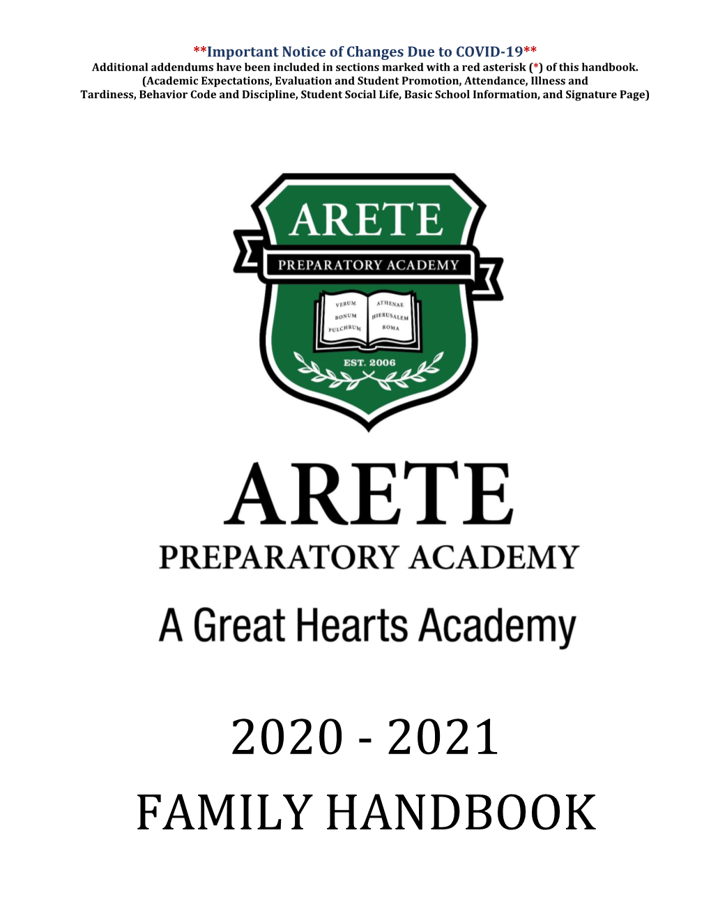 2020-2021 Family Handbook for Arete Prep