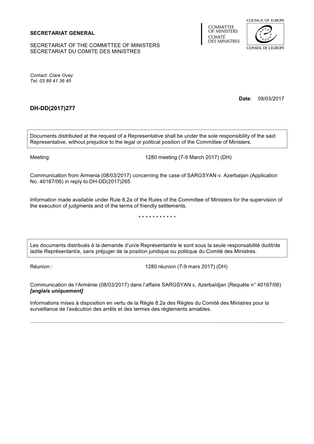 Committee of Ministers Secretariat Du Comite Des Ministres