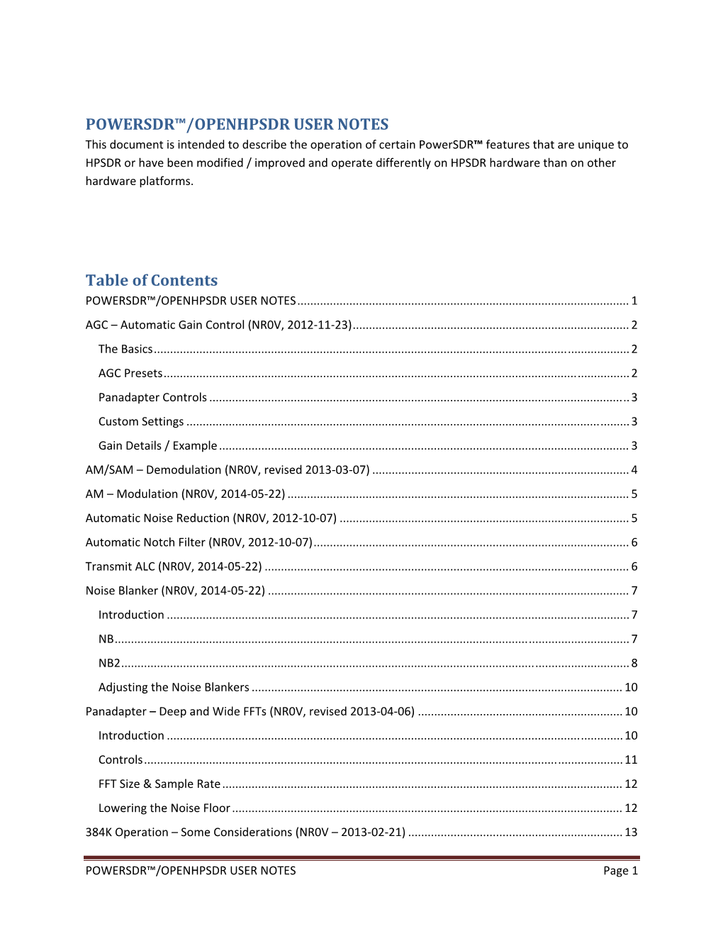 POWERSDR™/OPENHPSDR USER NOTES Table of Contents