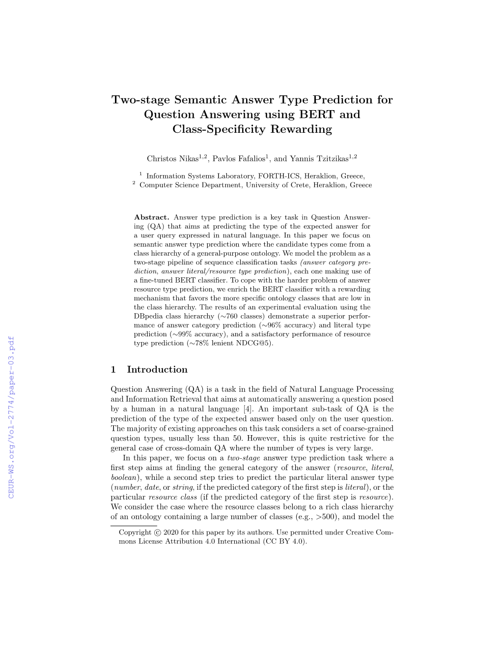 Two-Stage Semantic Answer Type Prediction for Question Answering Using BERT and Class-Speciﬁcity Rewarding