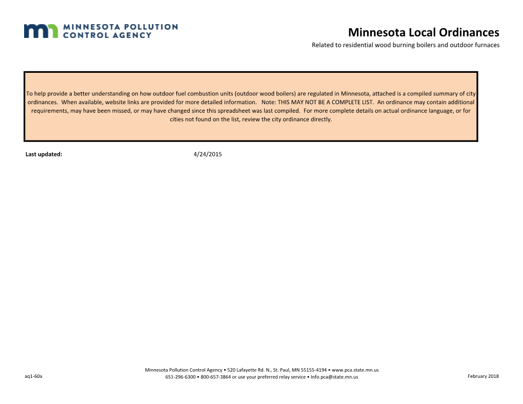 Minnesota Local Ordinances Related to Residential Wood Burning Boilers and Outdoor Furnaces