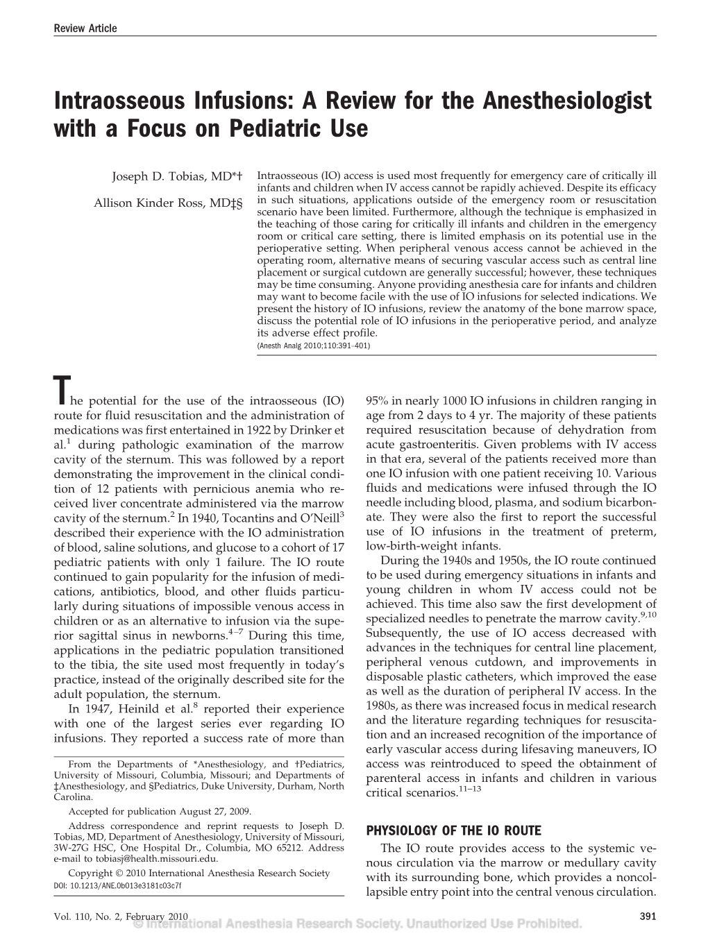 Intraosseous Infusions: a Review for the Anesthesiologist with a Focus on Pediatric Use