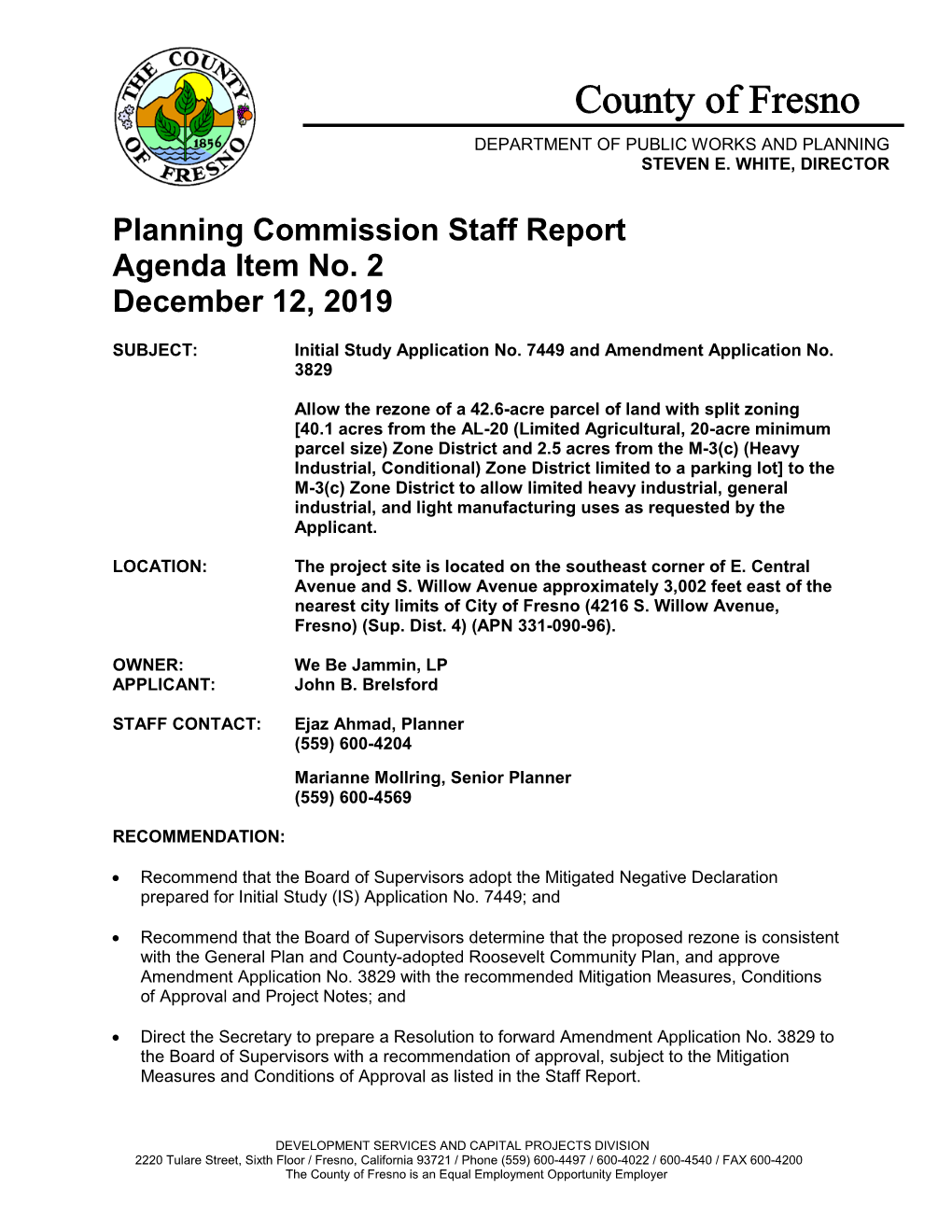 Planning Commission Staff Report Agenda Item No. 2 December 12, 2019