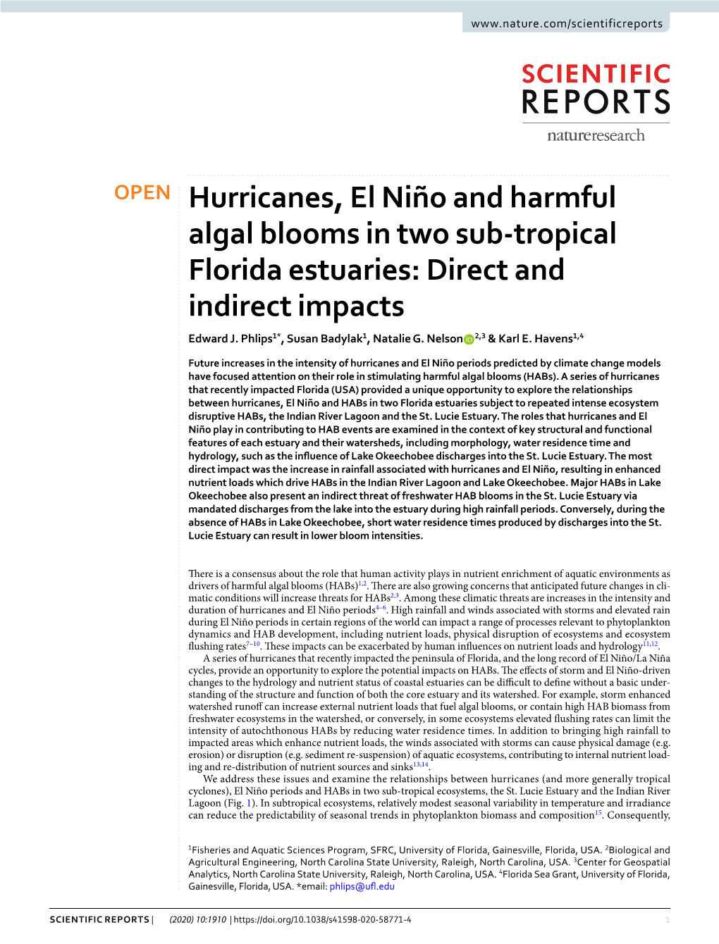 Hurricanes, El Niño and Harmful Algal Blooms in Two Sub-Tropical Florida Estuaries: Direct and Indirect Impacts Edward J