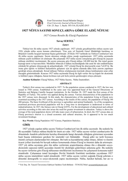 1927 NÜFUS SAYIMI SONUÇLARINA GÖRE ELAZIĞ NÜFUSU 1927 Census Results by Elaziğ Population