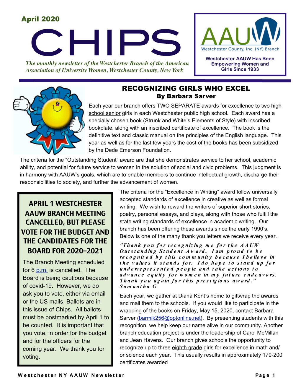 April 2020 CHIPS the Monthly Newsletter of the Westchester Branch of the American Association of University Women, Westchester County, New York
