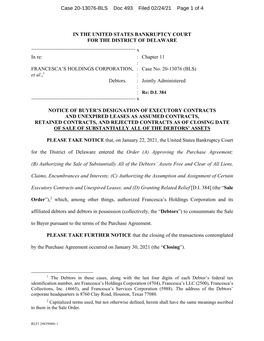 IN the UNITED STATES BANKRUPTCY COURT for the DISTRICT of DELAWARE ------X in Re: : Chapter 11 : FRANCESCA’S HOLDINGS CORPORATION, : Case No