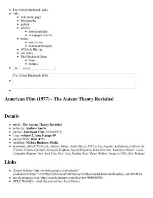 American Film (1977) - the Auteur Theory Revisited