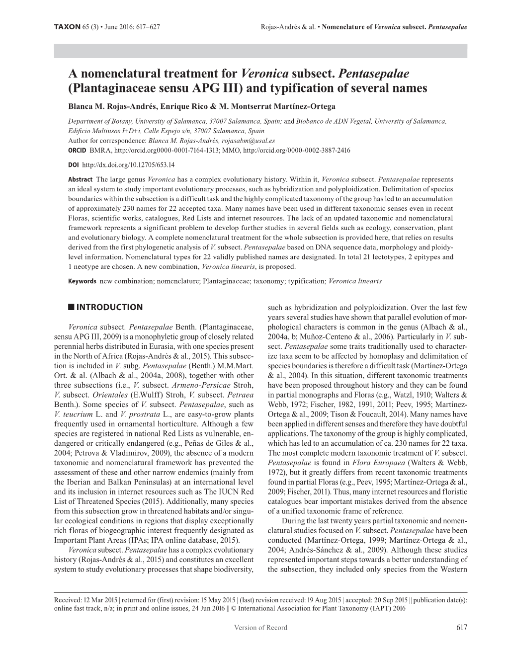 A Nomenclatural Treatment for Veronica Subsect