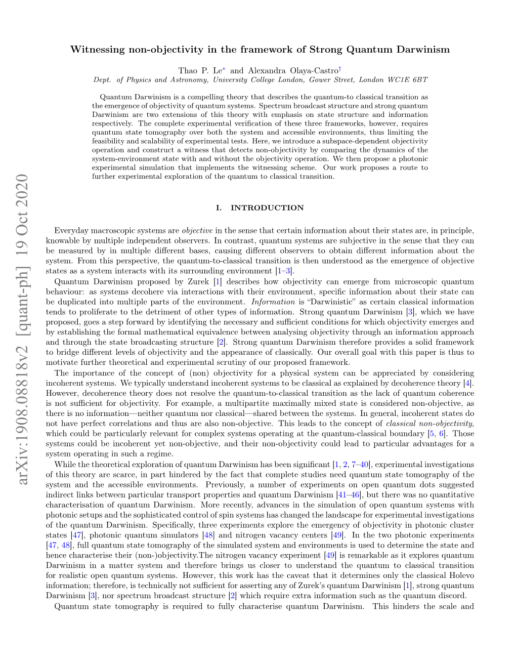 Arxiv:1908.08818V2 [Quant-Ph] 19 Oct 2020 System and the Accessible Environments