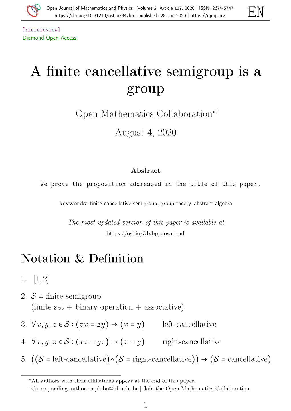 A Finite Cancellative Semigroup Is a Group.” OSF Preprints, 28 June 2020