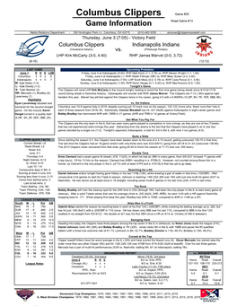 Columbus Clippers Game #25 Game Information Road Game #13