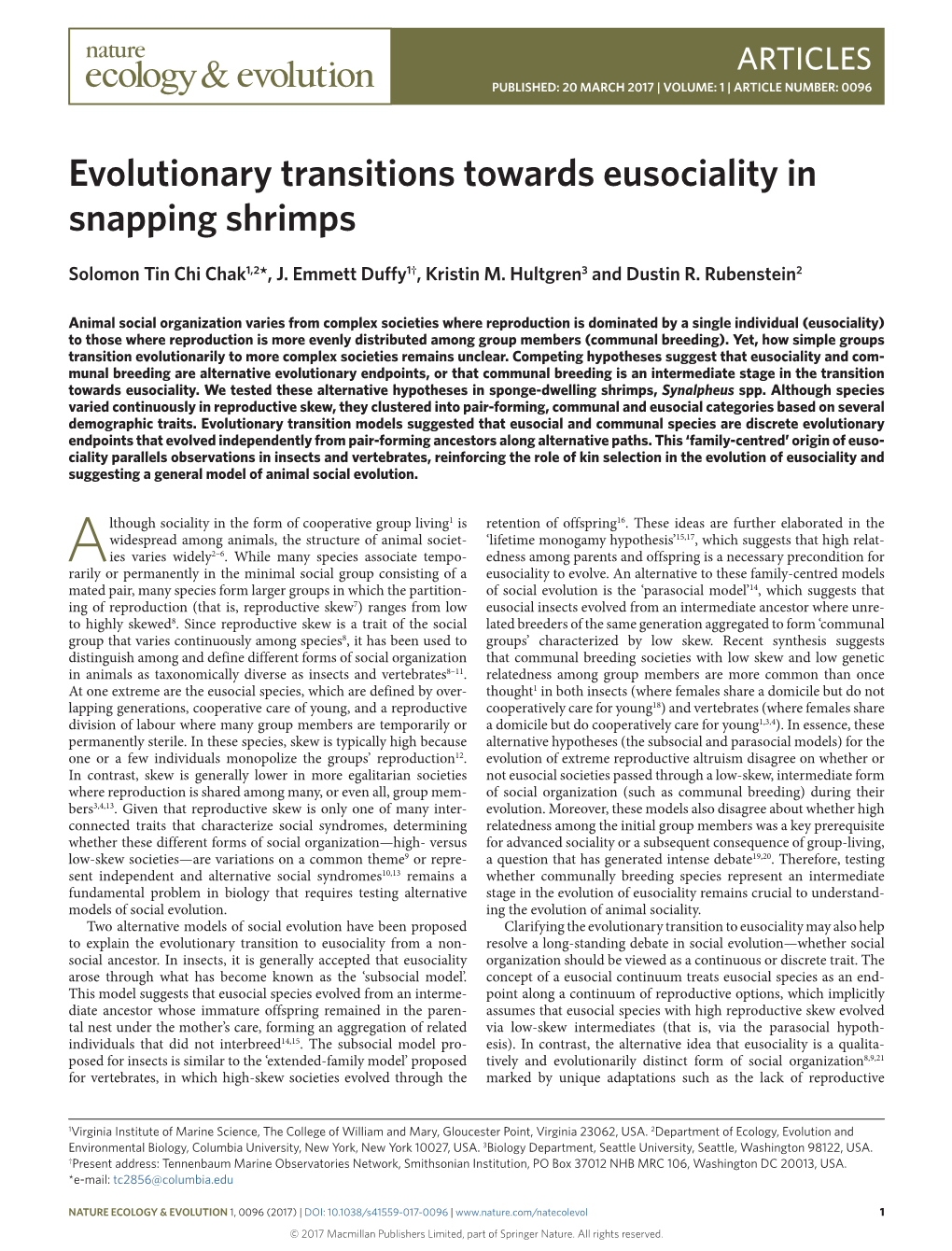 Evolutionary Transitions Towards Eusociality in Snapping Shrimps