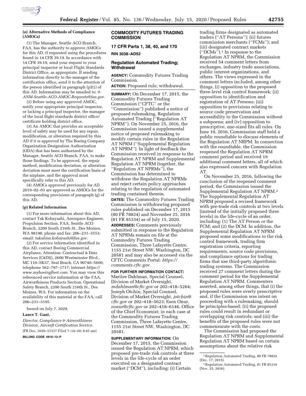 Federal Register/Vol. 85, No. 136/Wednesday, July 15, 2020