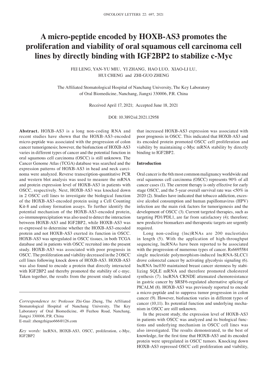 A Micro‑Peptide Encoded by HOXB‑AS3 Promotes the Proliferation And