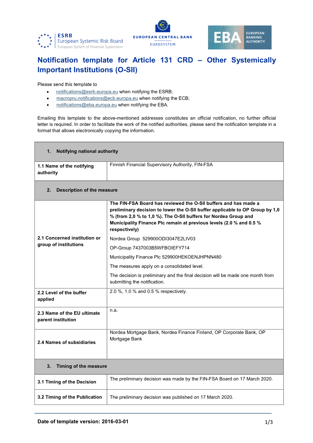 (FIN-FSA) on Three Other Systemically Important Institutions (O-SII