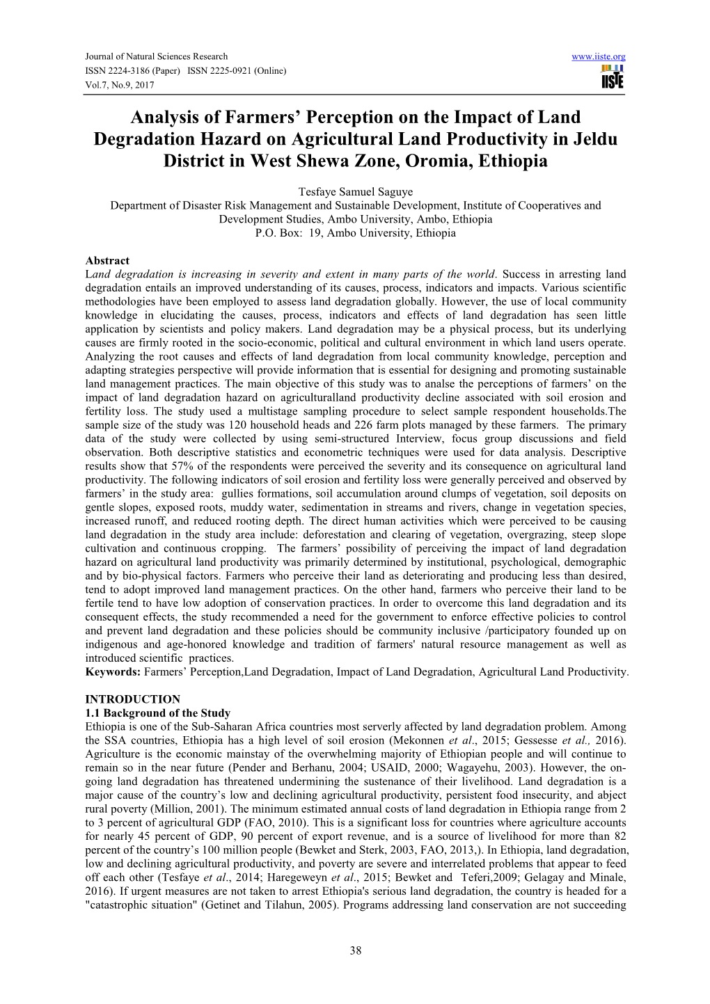 Analysis of Farmers' Perception on the Impact of Land Degradation