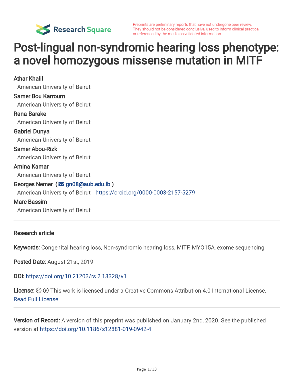 Post-Lingual Non-Syndromic Hearing Loss Phenotype: a Novel Homozygous Missense Mutation in MITF