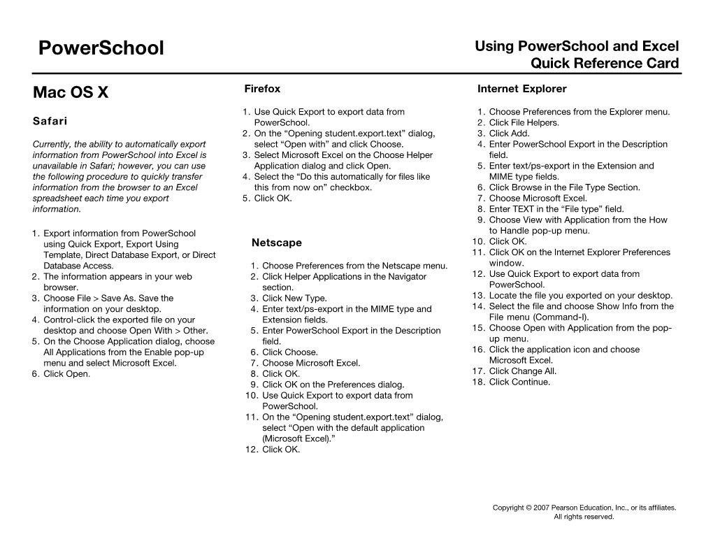 Using Powerschool and Excel Quick Reference Card Mac OS X Firefox Internet Explorer 1