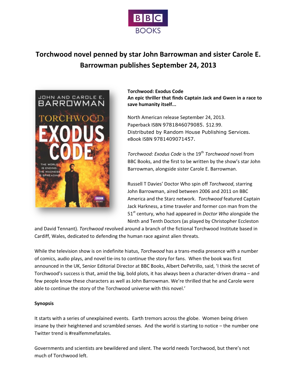 Torchwood Novel Penned by Star John Barrowman and Sister Carole E