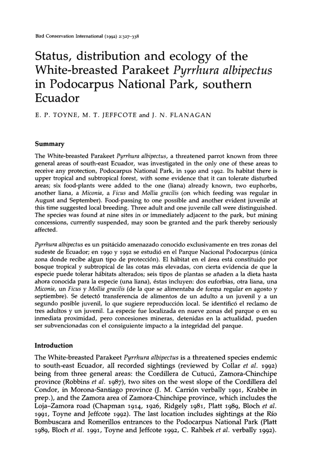 Status, Distribution and Ecology of the White-Breasted Parakeet Pyrrhura Albipectus in Podocarpus National Park, Southern Ecuador