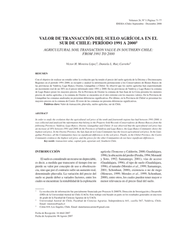 Valor De Transacción Del Suelo Agrícola En El Sur De Chile: Período 1991Volumen a 2000 26, Nº 3, Páginas 71-7771 IDESIA (Chile) Septiembre - Diciembre 2008