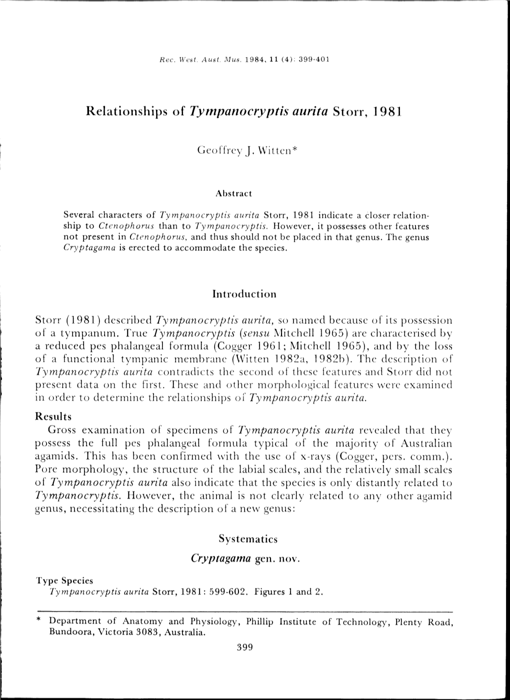 Relationships of Tympanocryptis Aurita Storr, 1981