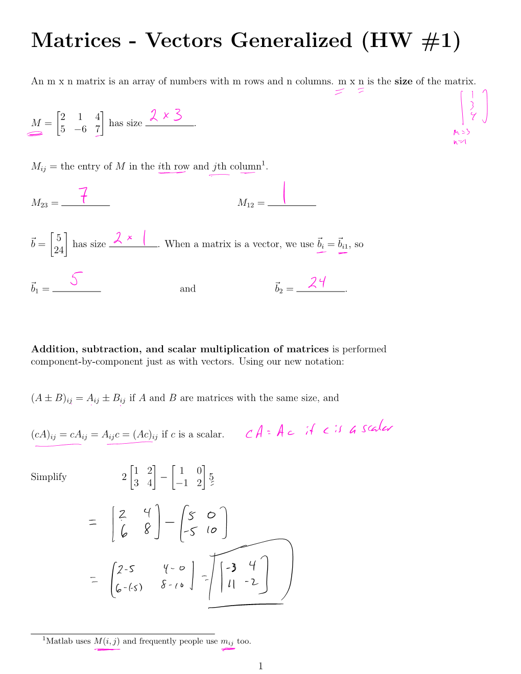 Matrices - Vectors Generalized (HW #1)