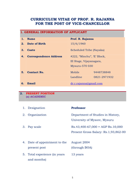 Curriculum Vitae of Prof. R. Rajanna for the Post of Vice-Chancellor