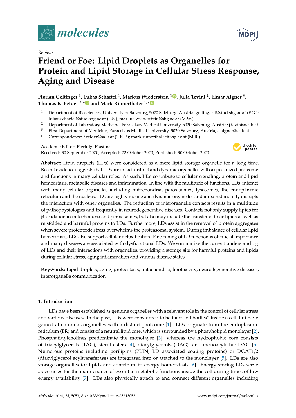 Friend Or Foe: Lipid Droplets As Organelles for Protein and Lipid Storage in Cellular Stress Response, Aging and Disease
